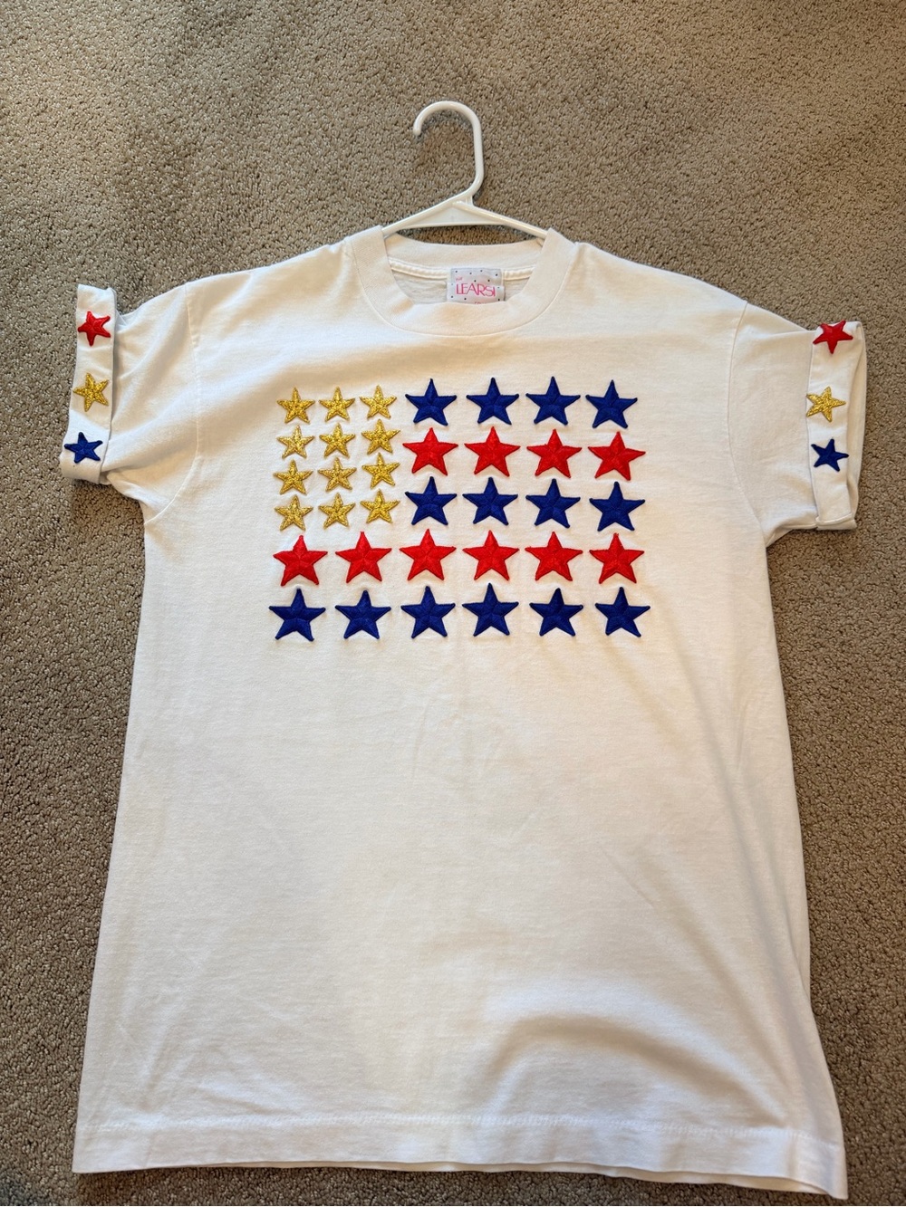 Vintage White Tee with Red, Blue & Gold Star Appliqués at Chest And Sleeve 🇺🇸